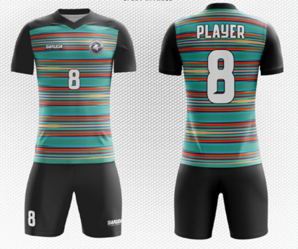 Jersey futsal dengan pola garis-garis kontras